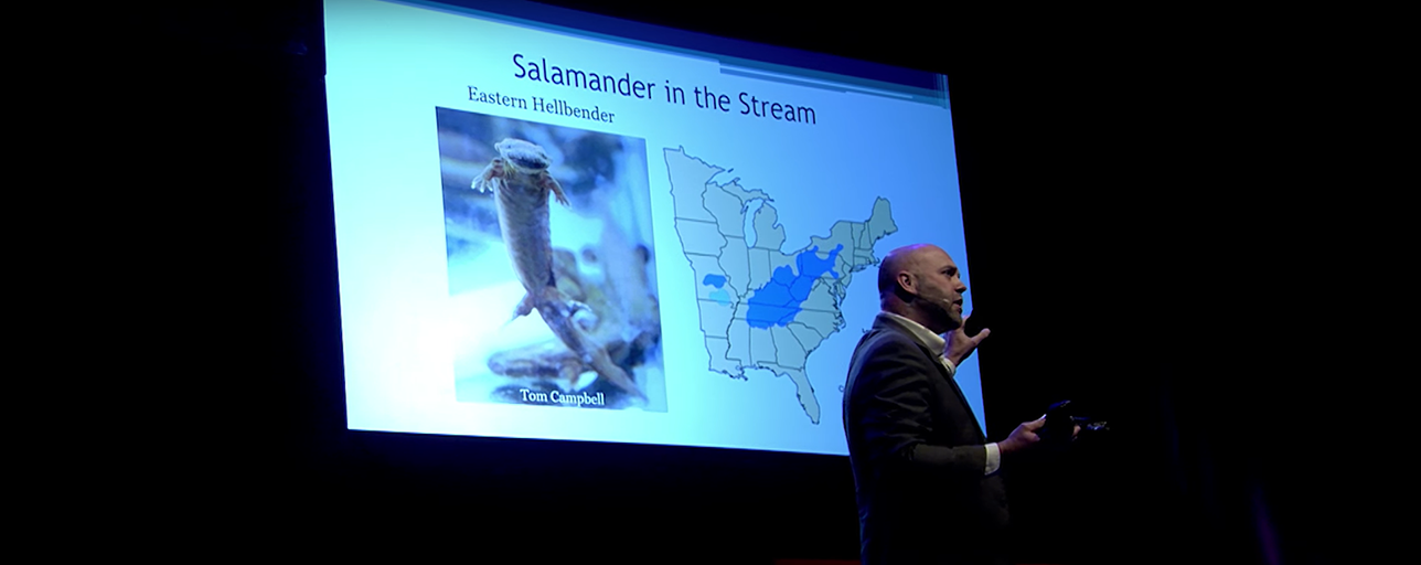 Dr. Rod Williams speaking of his research on the Eastern Hellbender as FNR announces he is now named assistant provost for engagement.